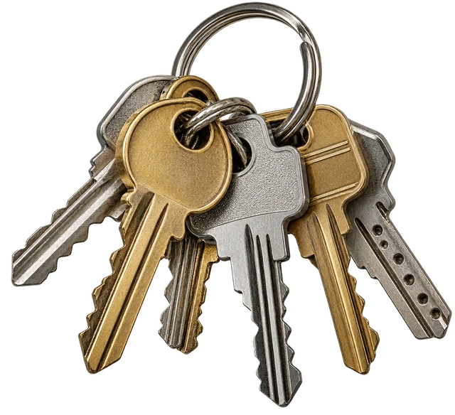 A bunch of brass and silver keys on a ring